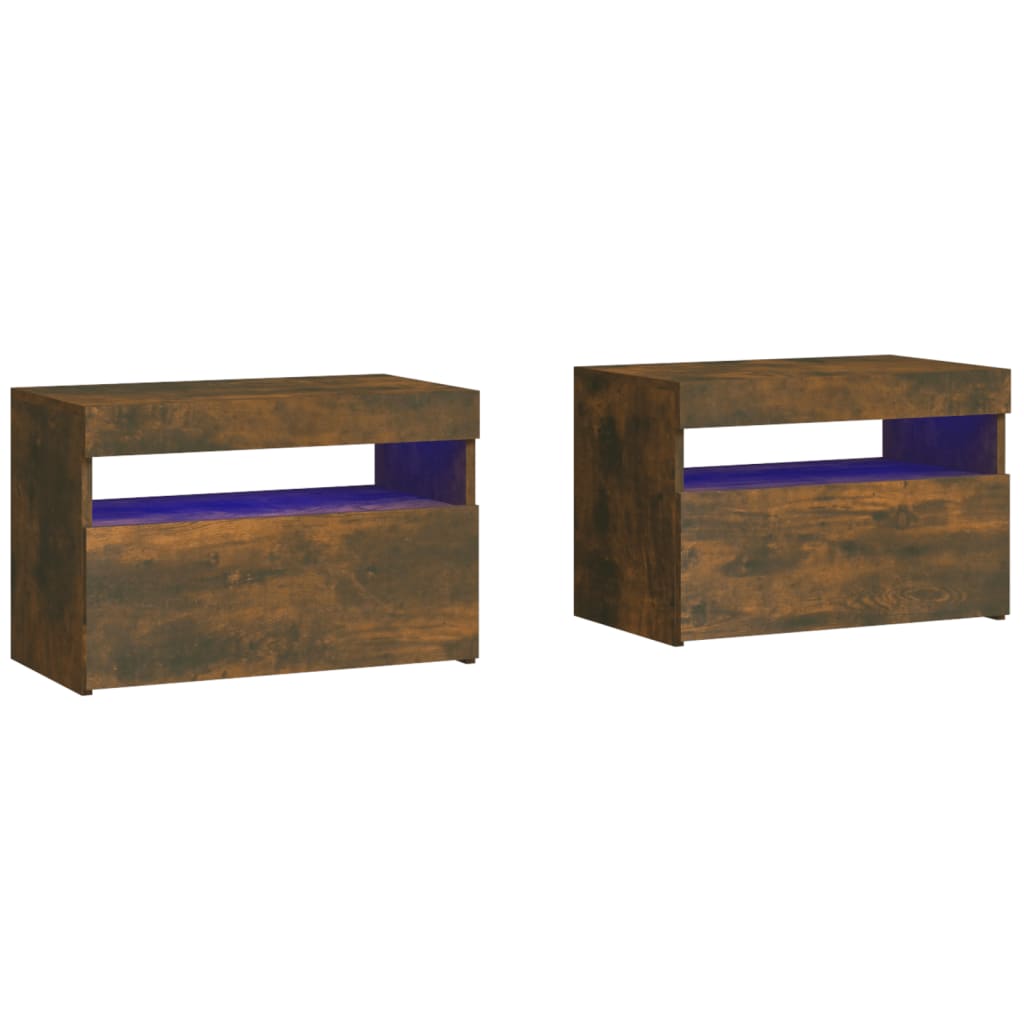Tables de chevet 2 pièces avec éclairage LED en chêne fumé 60x35x40 cm