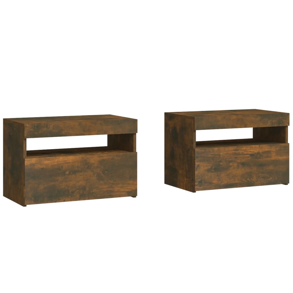 Tables de chevet 2 pièces avec éclairage LED en chêne fumé 60x35x40 cm