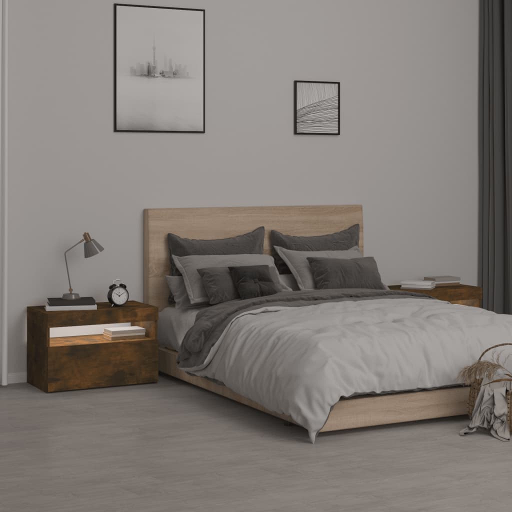 Tables de chevet 2 pièces avec éclairage LED en chêne fumé 60x35x40 cm