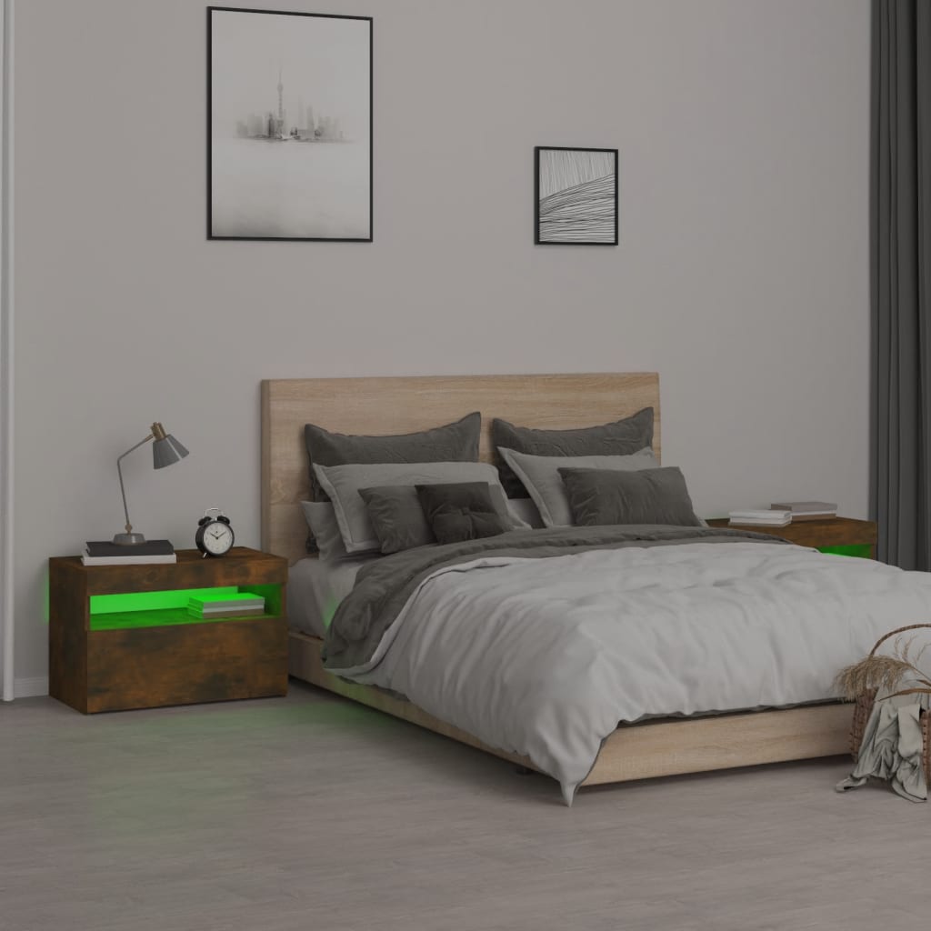 Tables de chevet 2 pièces avec éclairage LED en chêne fumé 60x35x40 cm