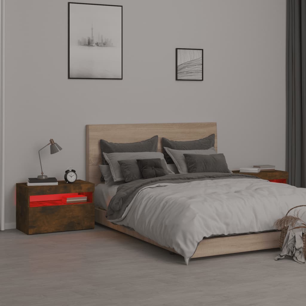Tables de chevet 2 pièces avec éclairage LED en chêne fumé 60x35x40 cm