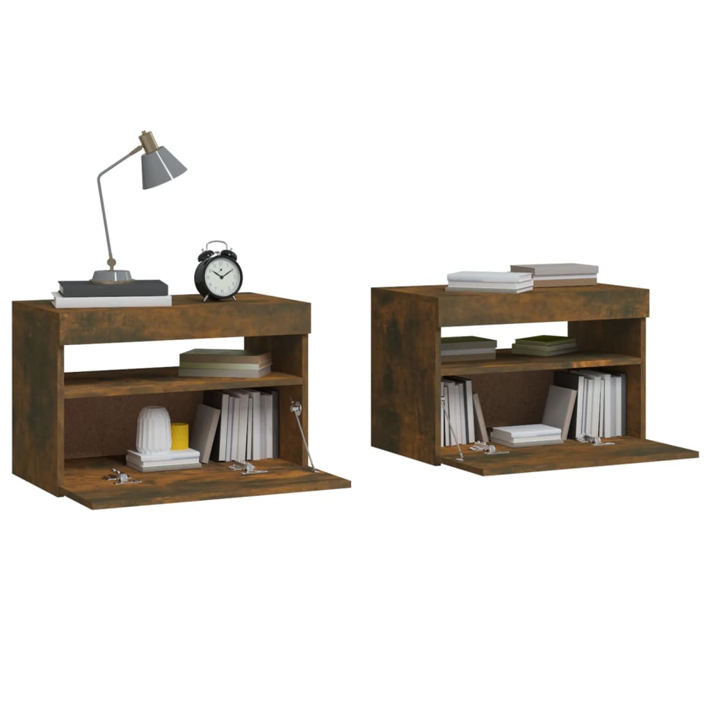 Tables de chevet 2 pièces avec éclairage LED en chêne fumé 60x35x40 cm