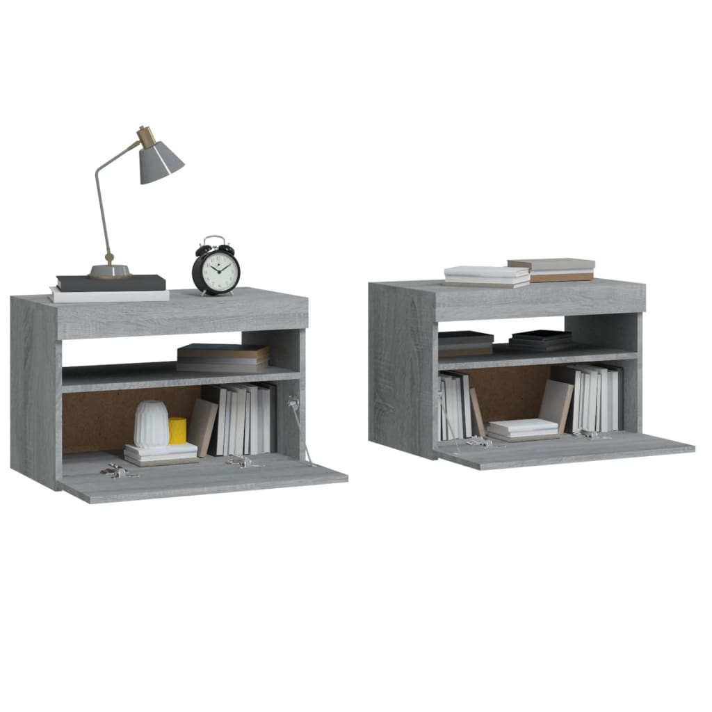 Tables de chevet 2 pièces avec lumières LED Gris Sonoma 60x35x40 cm