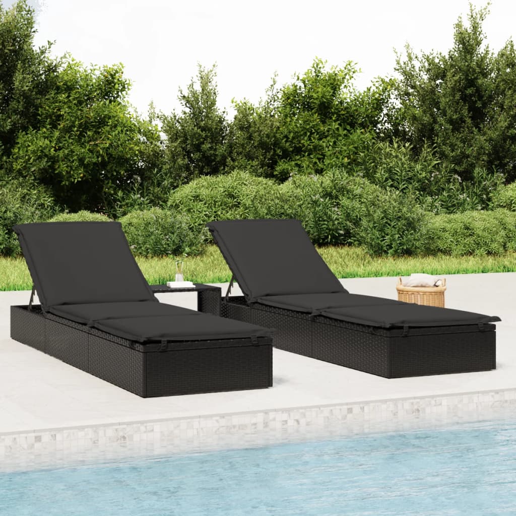 Sun lounger 1 pc. with table black poly rattan