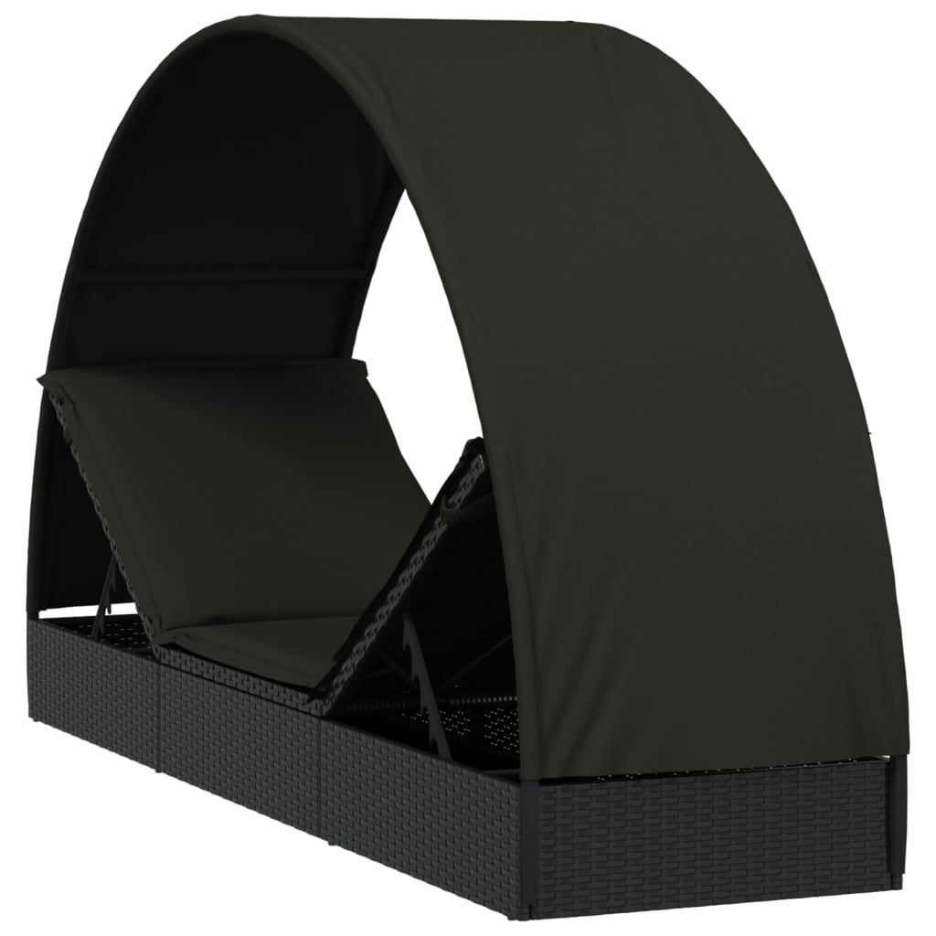 Chaise longue avec toit rond noir 211x57x140 cm en résine tressée