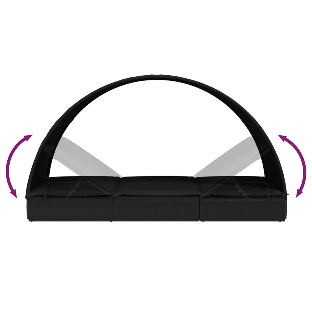 Chaise longue avec toit rond noir 211x57x140 cm en résine tressée