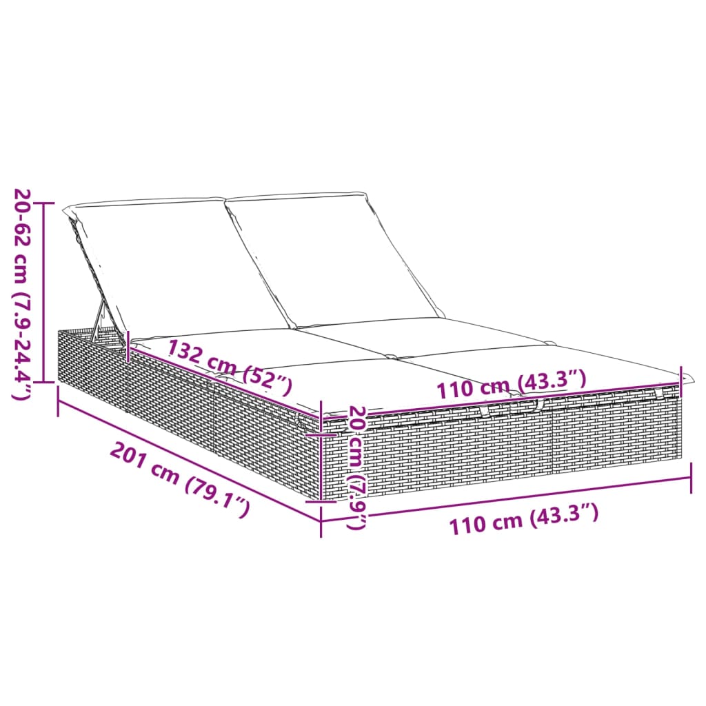 Bain de soleil pour 2 personnes avec coussin en résine tressée grise