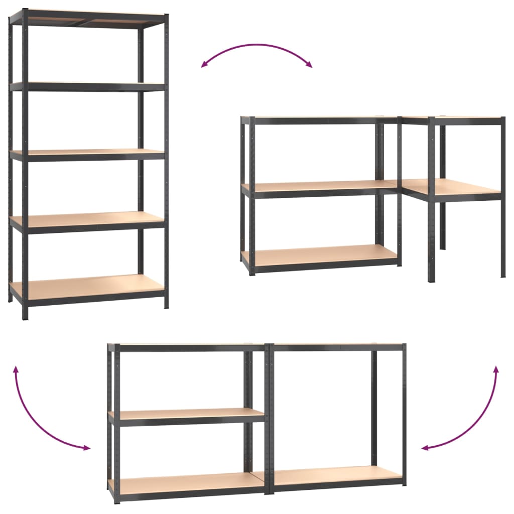 Étagères à 5 niveaux, 4 pièces, acier anthracite et bois