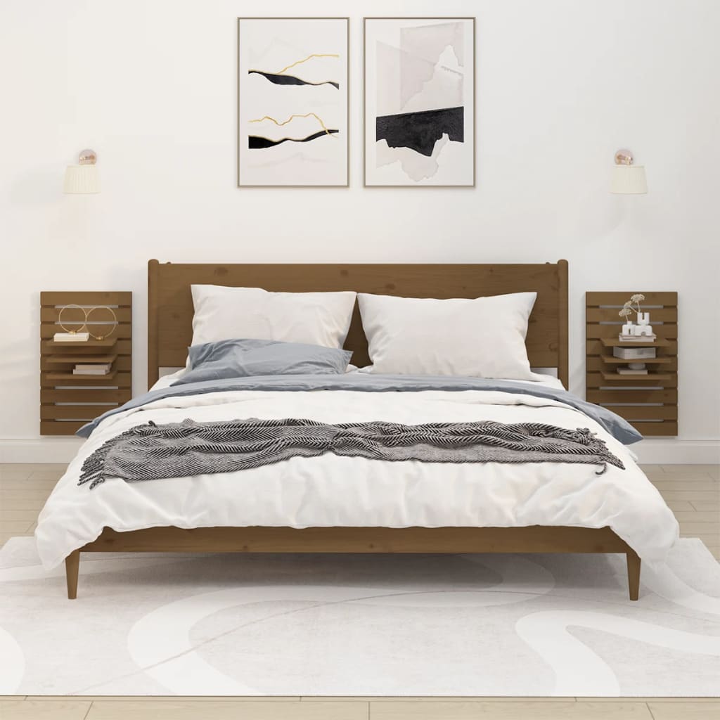 Wall-mounted bedside tables 2 pieces honey brown solid pine