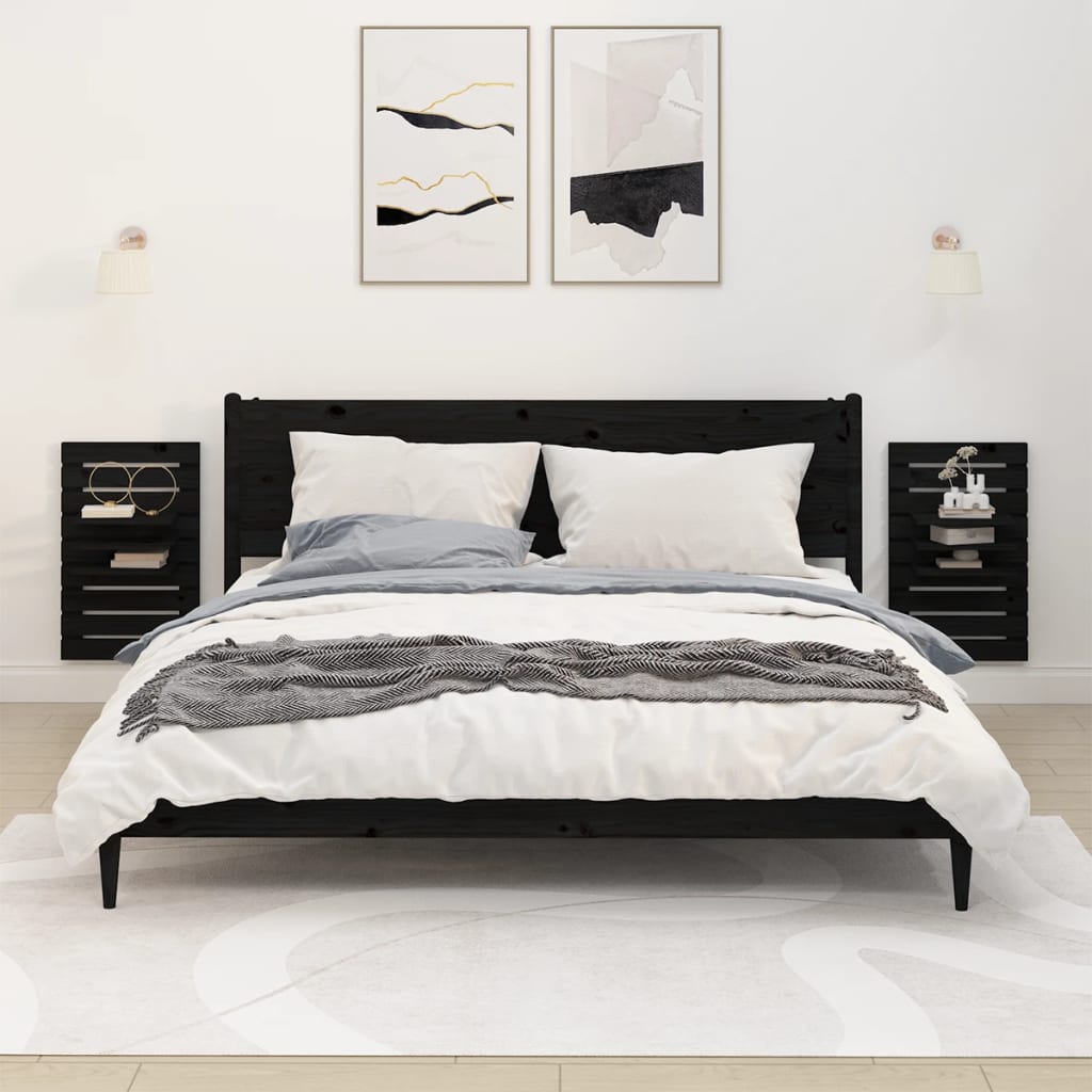 Wall Bedside Tables 2 pcs. Black Solid Pine