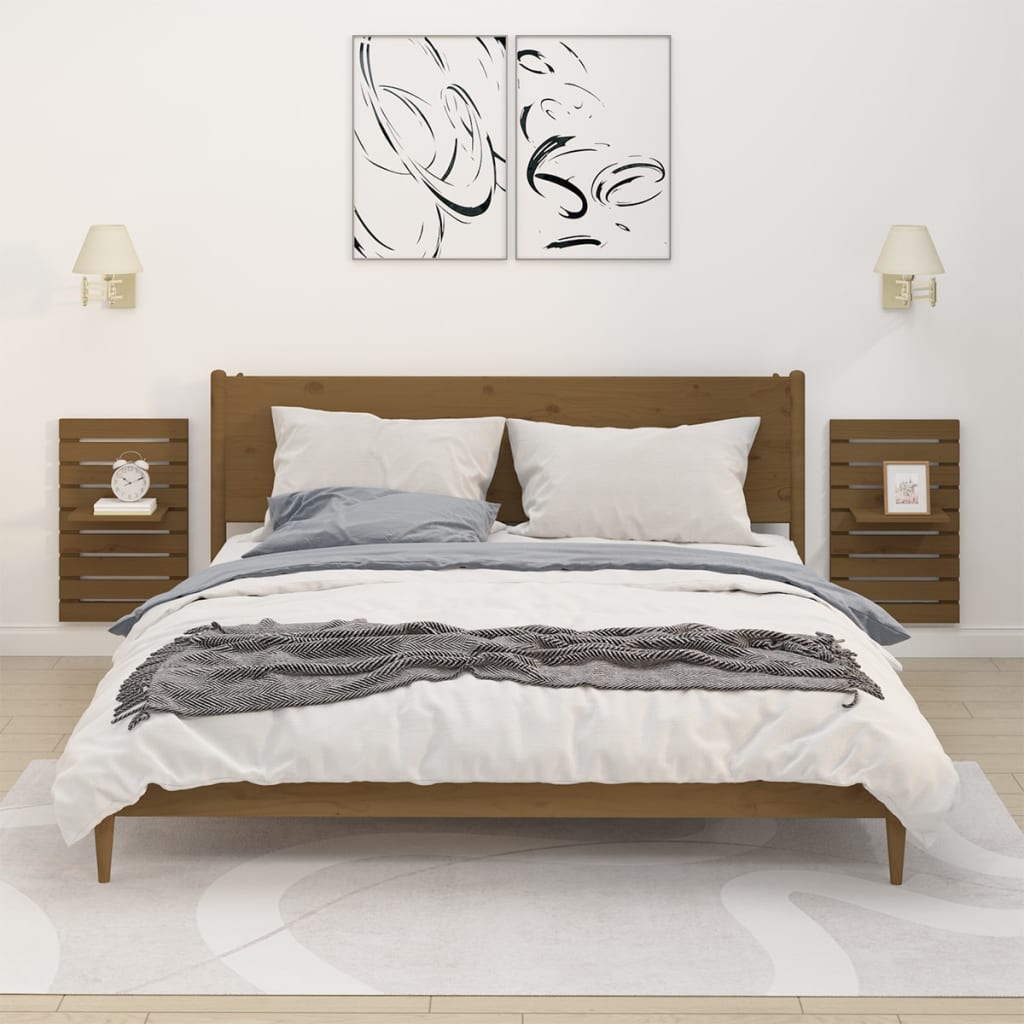 Wall-mounted bedside tables 2 pieces honey brown solid pine