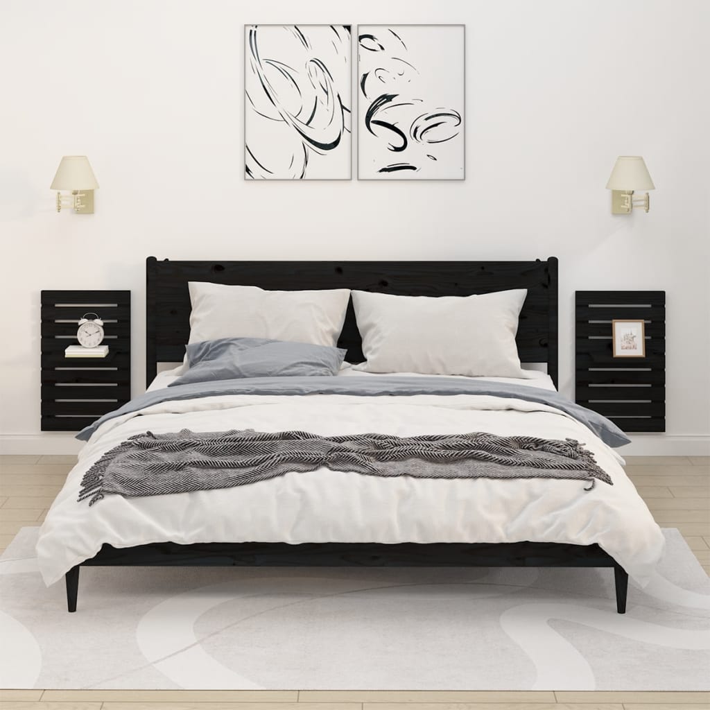Wall Bedside Tables 2 pcs. Black Solid Pine