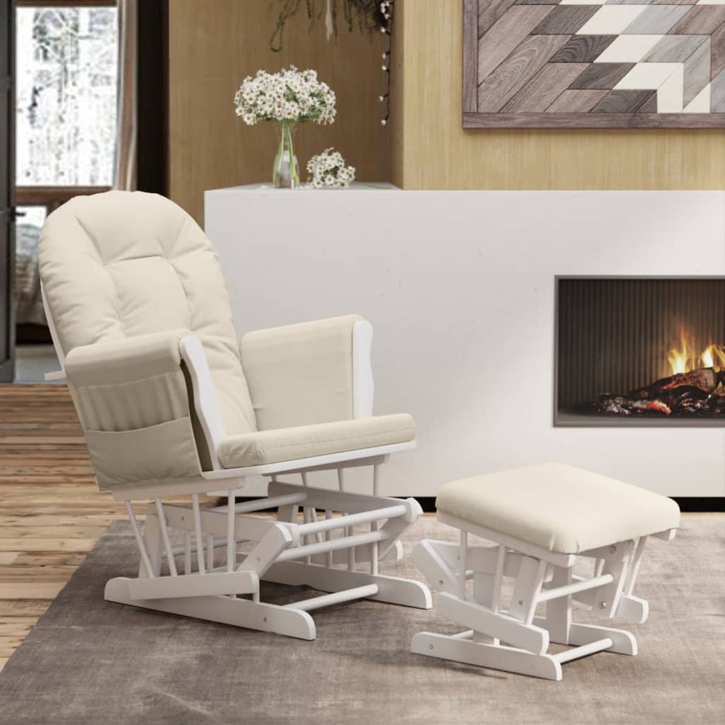 Fauteuil à bascule avec repose-pieds coulissant en tissu blanc crème