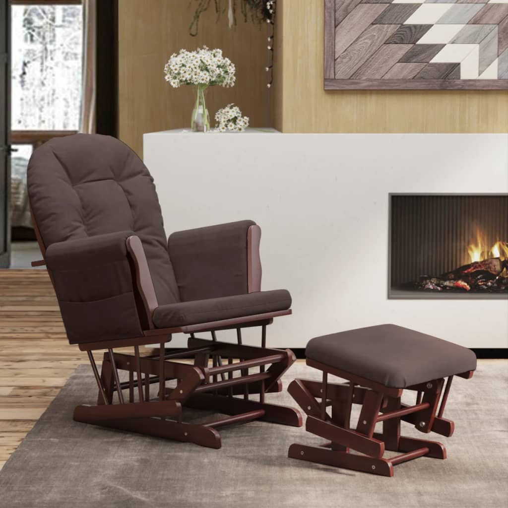 Fauteuil à bascule avec tabouret coulissant en tissu marron