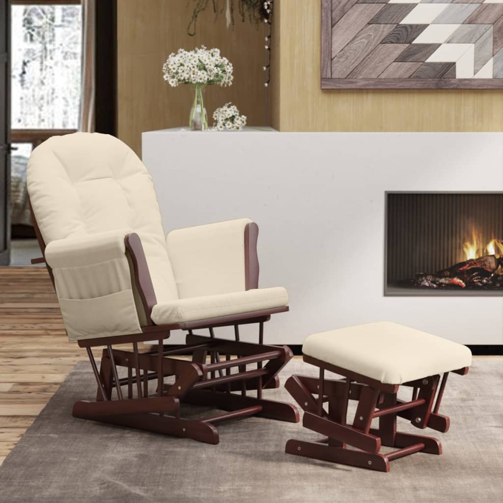 Fauteuil à bascule avec repose-pieds coulissant en tissu blanc crème