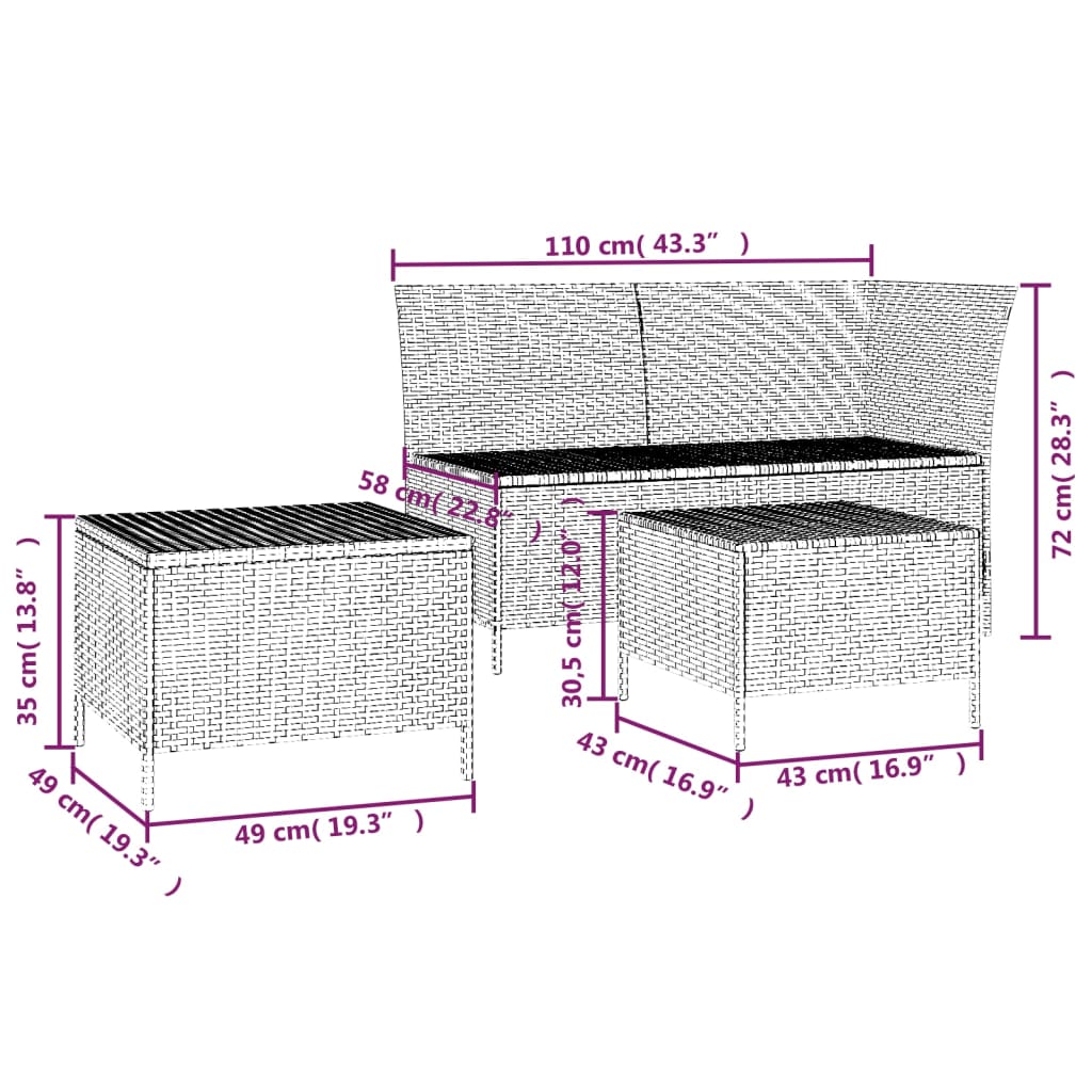 3-tlg. Garten-Lounge-Set mit Kissen Schwarz Poly Rattan