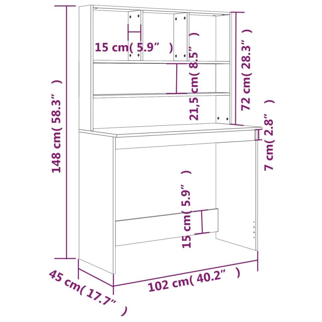 Bureau avec étagère gris Sonoma 102x45x148 cm en bois