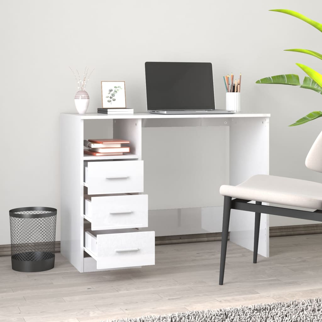 Desk with drawers high-gloss white 102x50x76 cm