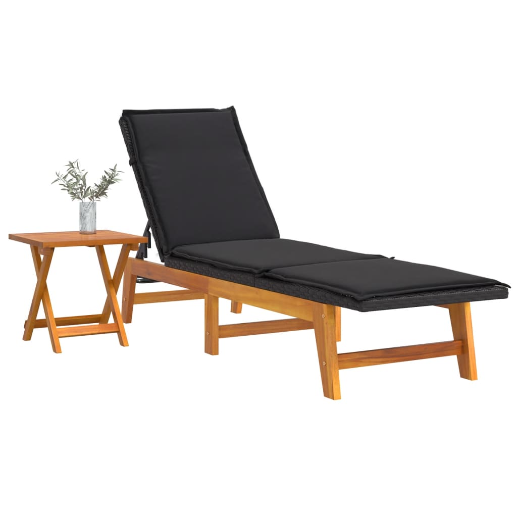Chaise longue avec table en résine tressée et bois d'acacia massif