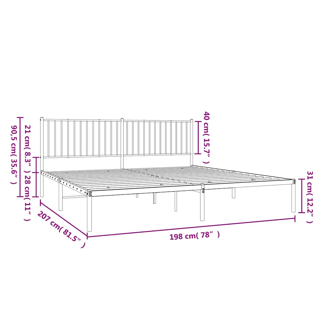Bed frame with headboard metal black 193x203 cm