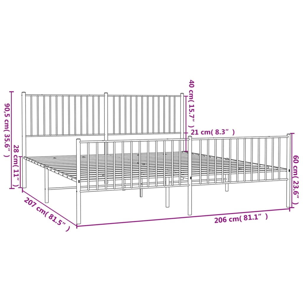 Bed frame with head and footboard metal black 200x200 cm
