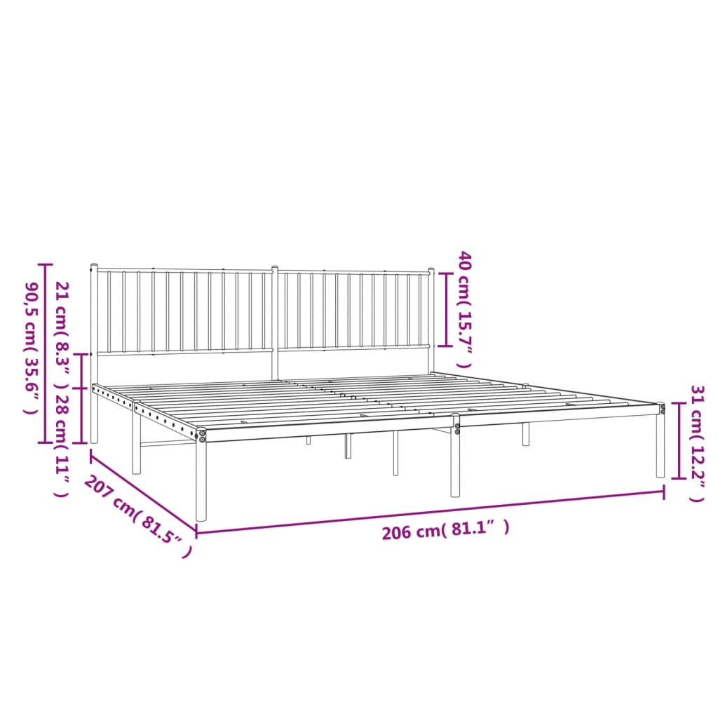 Bed frame with headboard metal white 200x200 cm