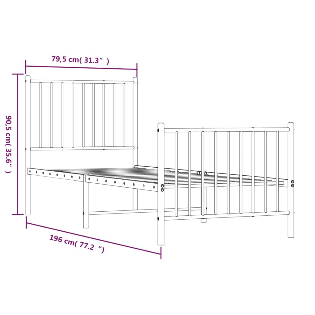 Bed frame with head and footboard metal white 75x190 cm