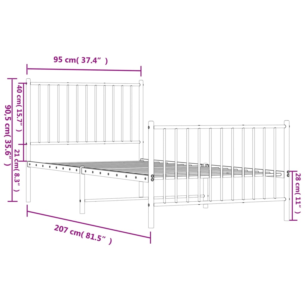 Bed frame with head and footboard metal white 90x200 cm