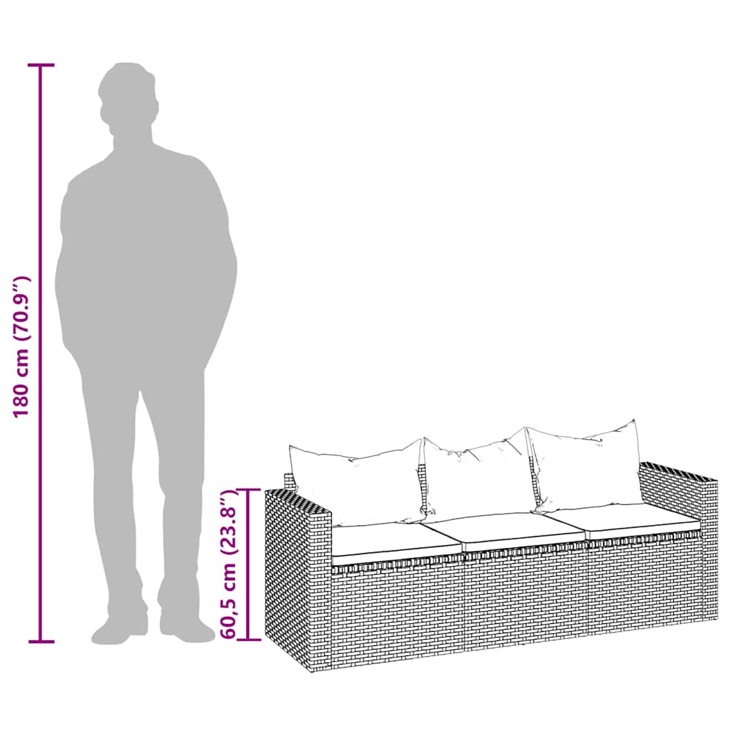Gartensofa 3-Sitzer mit Kissen Braun Poly Rattan