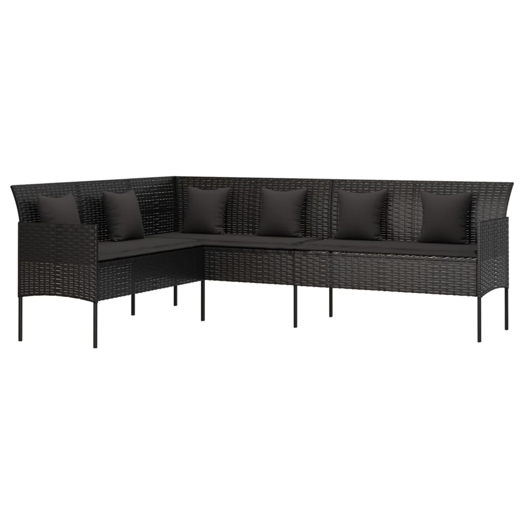 Garden Sofa in L-Shape with Cushions Black Poly Rattan