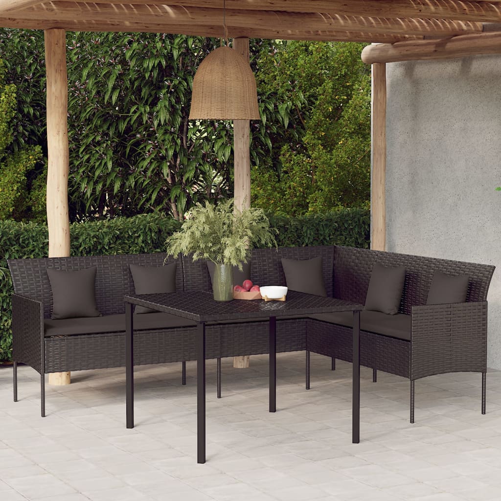 Garden Sofa in L-Shape with Cushions Black Poly Rattan