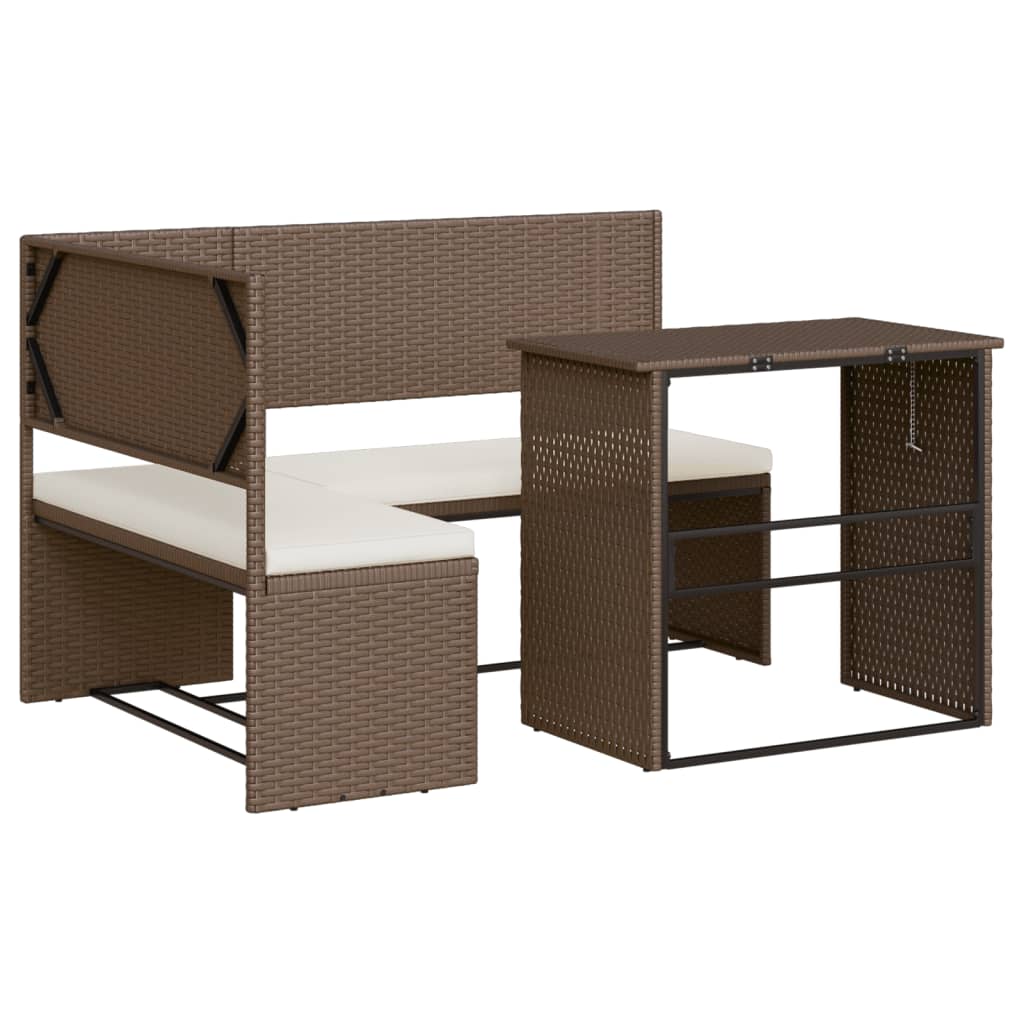 L-shaped garden sofa with table and cushions brown poly rattan