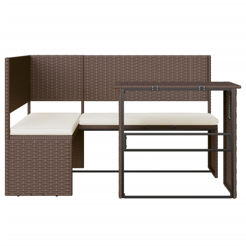 L-shaped garden sofa with table and cushions brown poly rattan