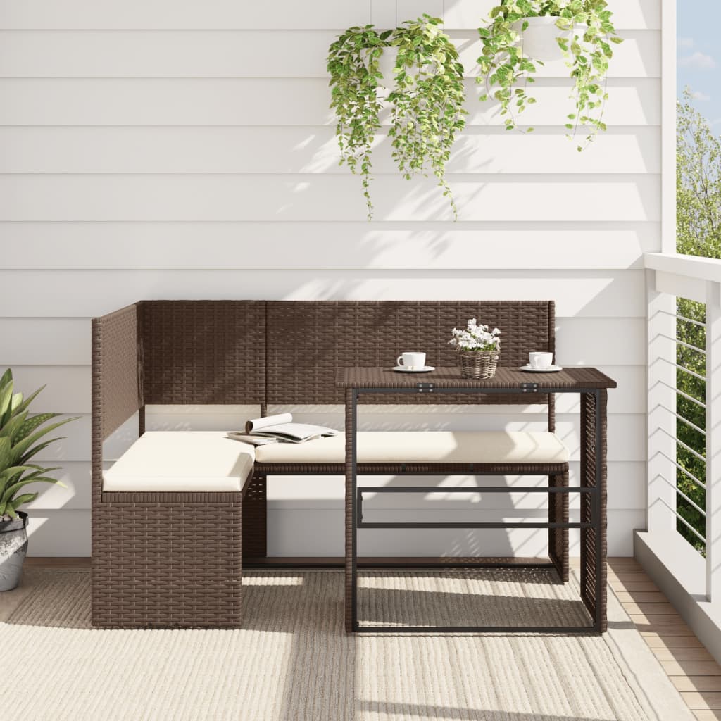 L-shaped garden sofa with table and cushions brown poly rattan