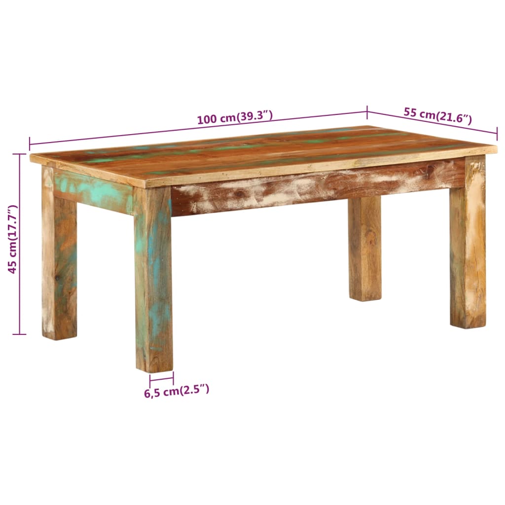 Table basse 100x55x45 cm en bois massif de récupération
