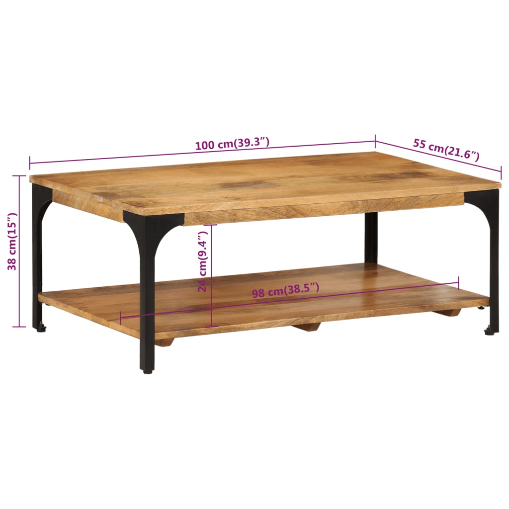 Table basse avec étagère 100x55x38 cm en bois de manguier massif et acier