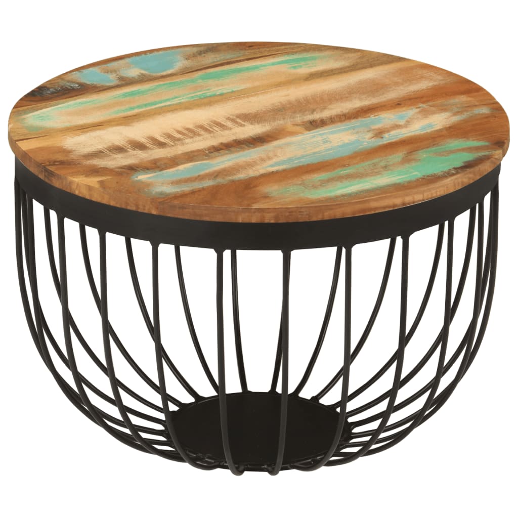 Table basse Ø50x35 cm en bois massif de récupération et acier