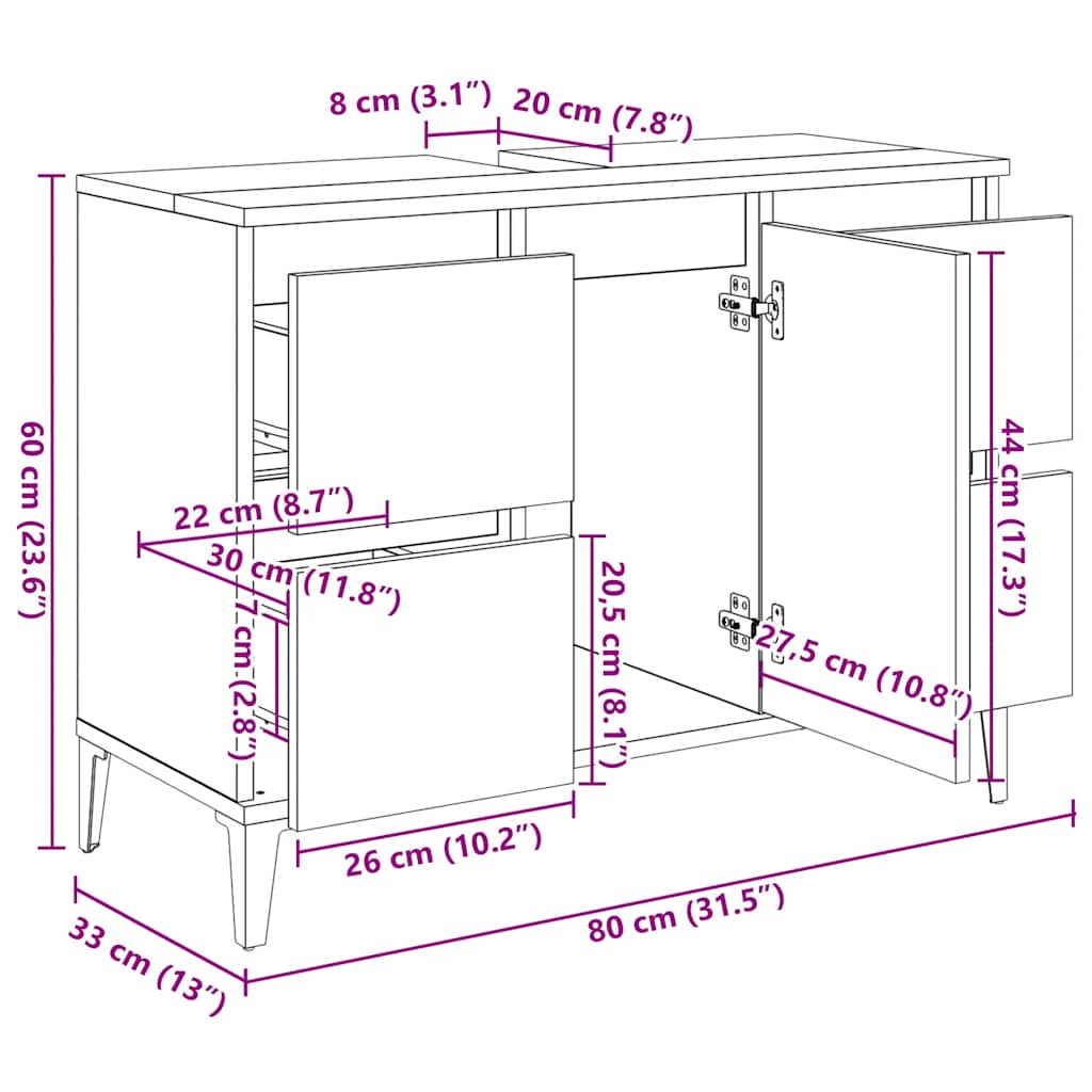 Waschbeckenunterschrank Schwarz 80x33x60 cm Holzwerkstoff