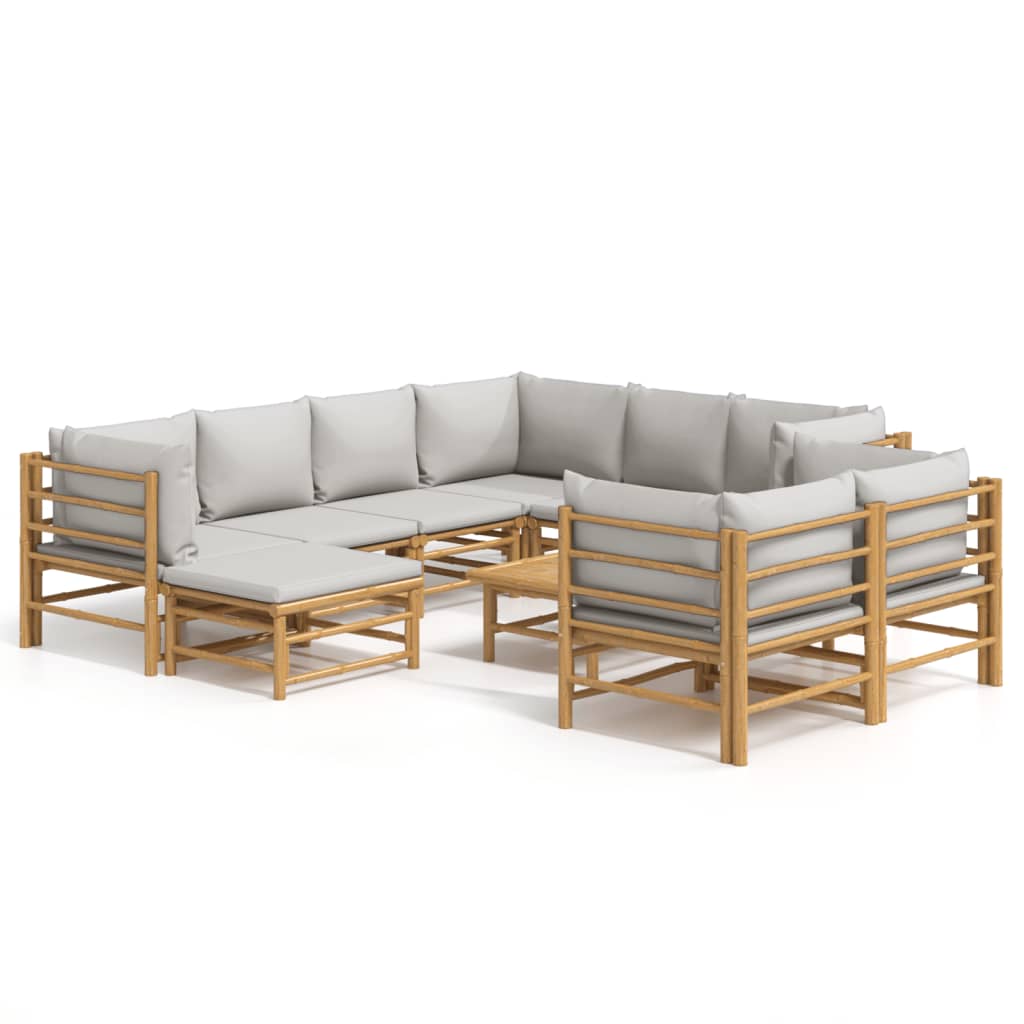 Salon de jardin 10 pièces avec coussins en bambou gris clair