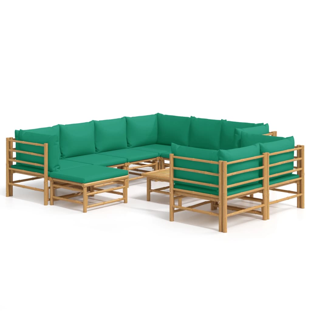 Salon de jardin 10 pièces avec coussins verts en bambou