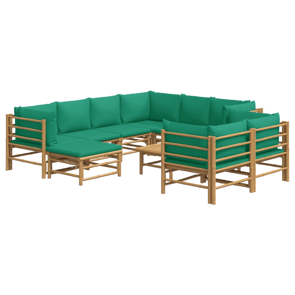 Salon de jardin 10 pièces avec coussins verts en bambou