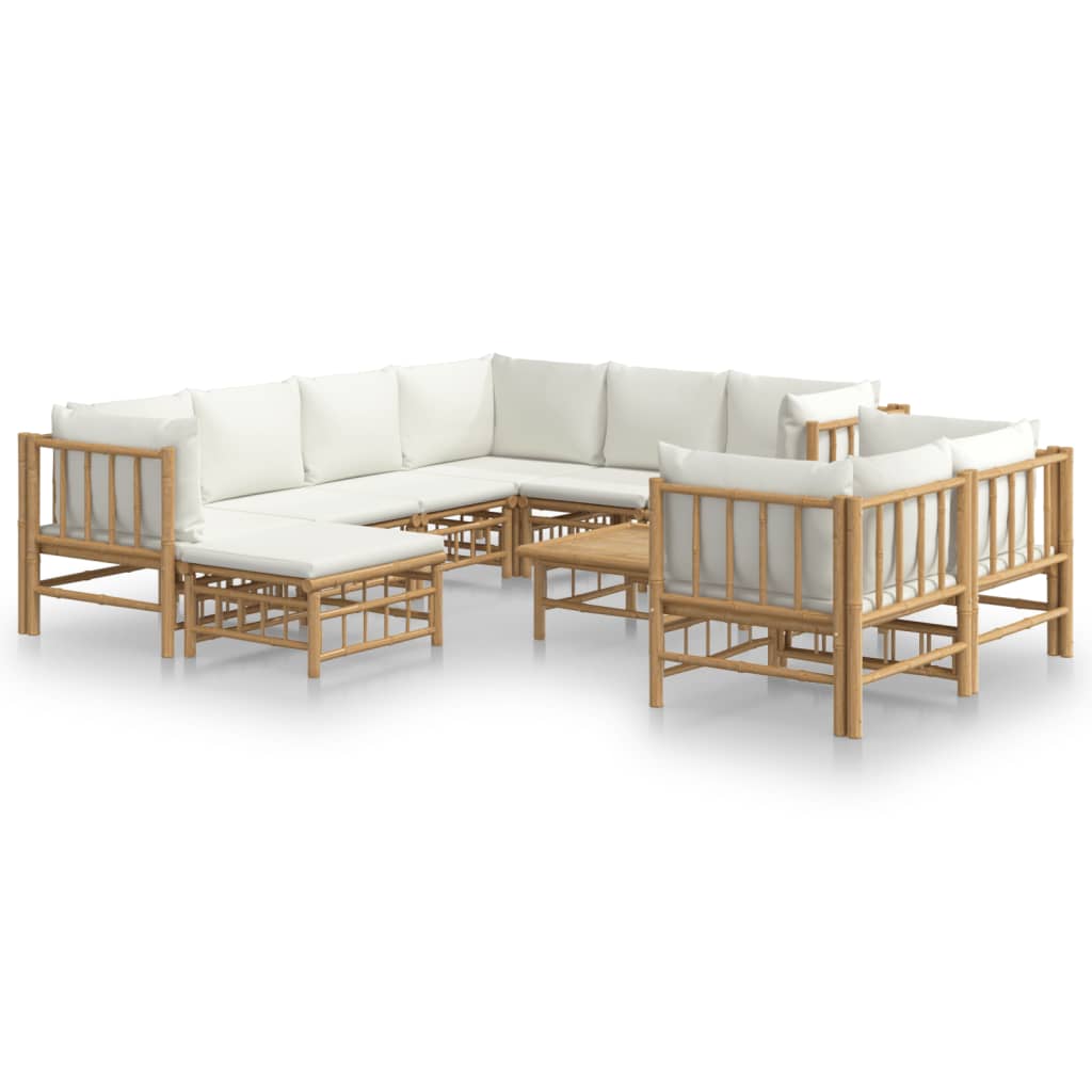 Salon de jardin 10 pièces avec coussins en bambou blanc crème