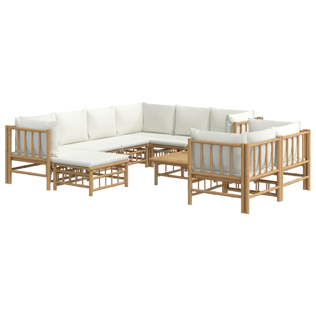 Salon de jardin 10 pièces avec coussins en bambou blanc crème