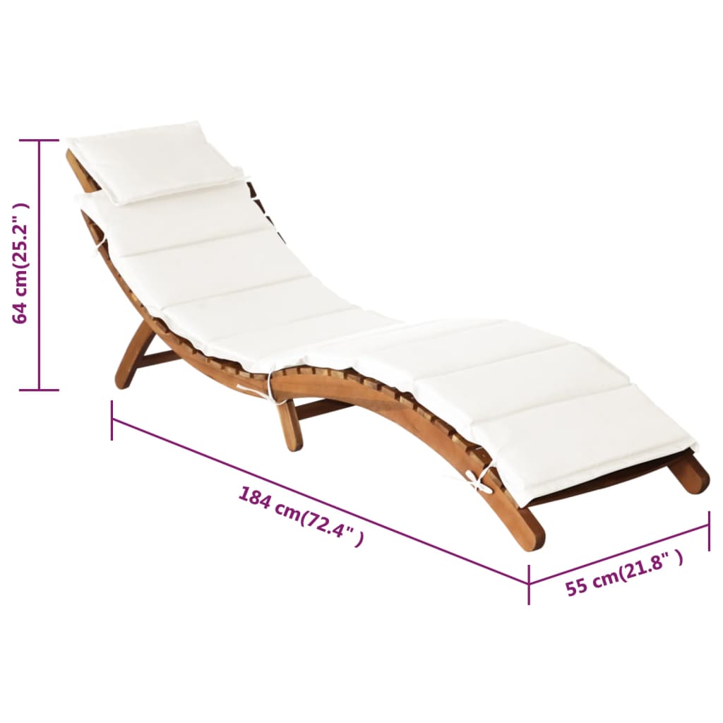 Chaises longues avec coussins, lot de 2, en bois d'acacia massif blanc crème