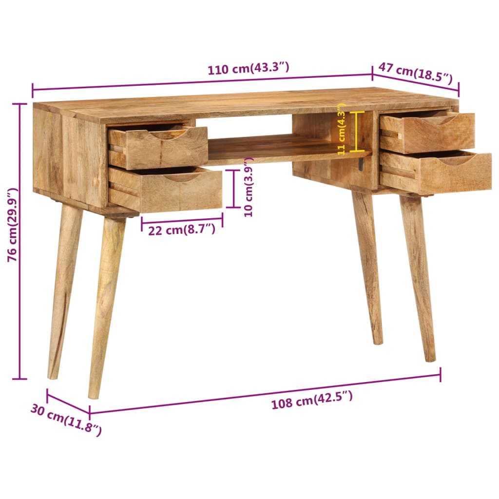 Desk with drawers 110x47x76 cm solid mango wood