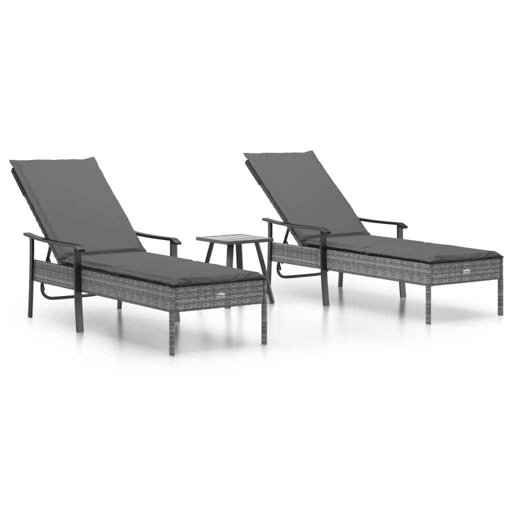Sun loungers 2 pcs. with table and cushions grey poly rattan