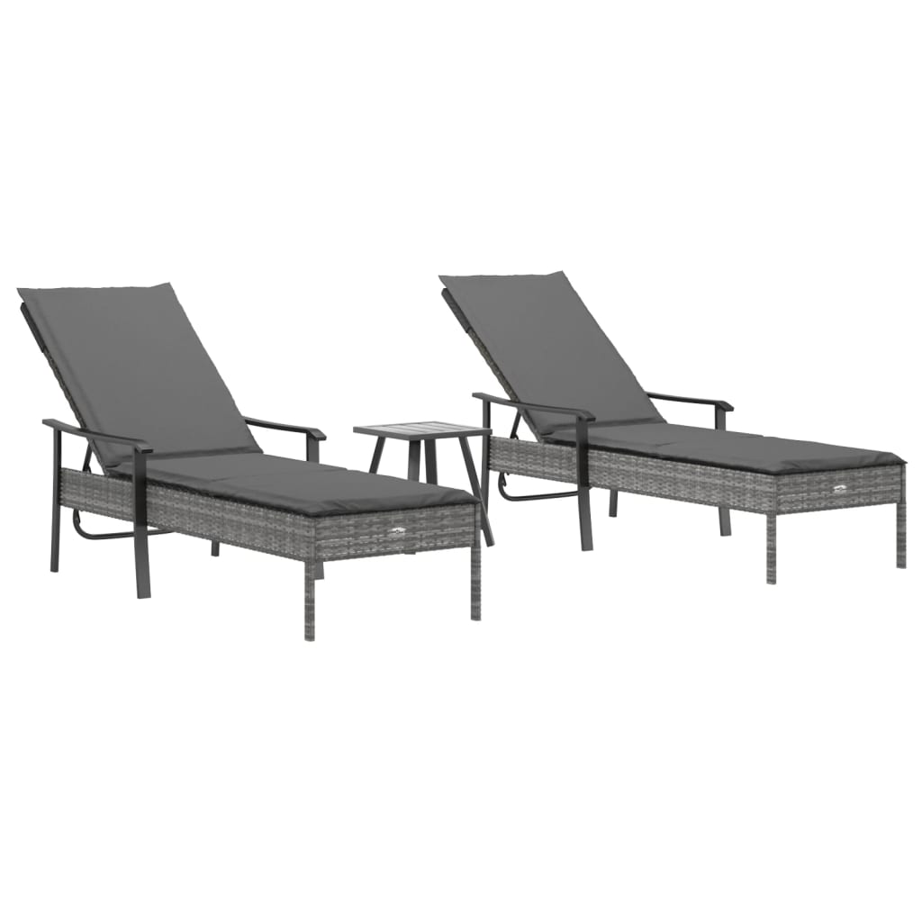 Sun loungers 2 pcs. with table and cushions grey poly rattan