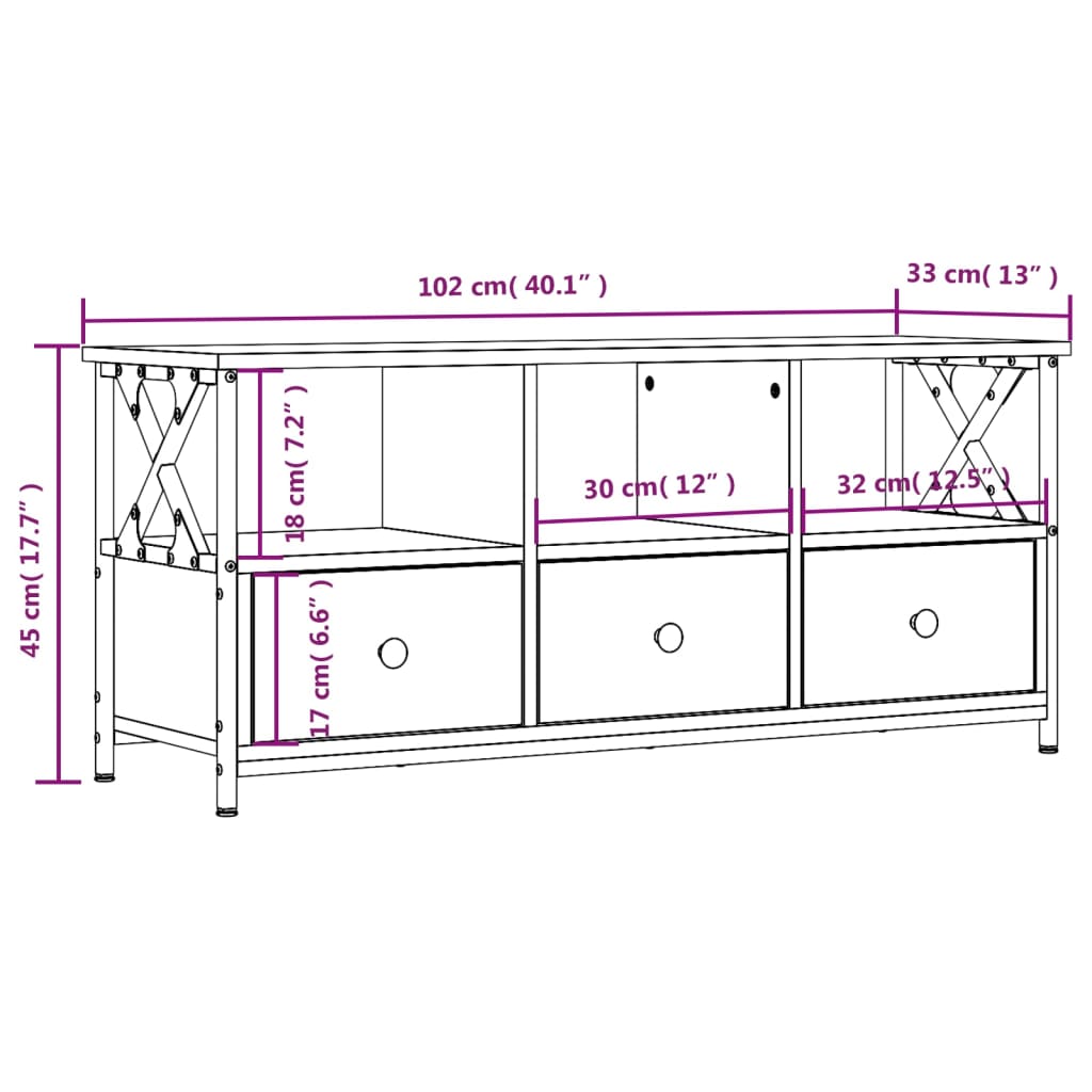 Meuble TV chêne fumé 102x33x45 cm matériau bois & fer