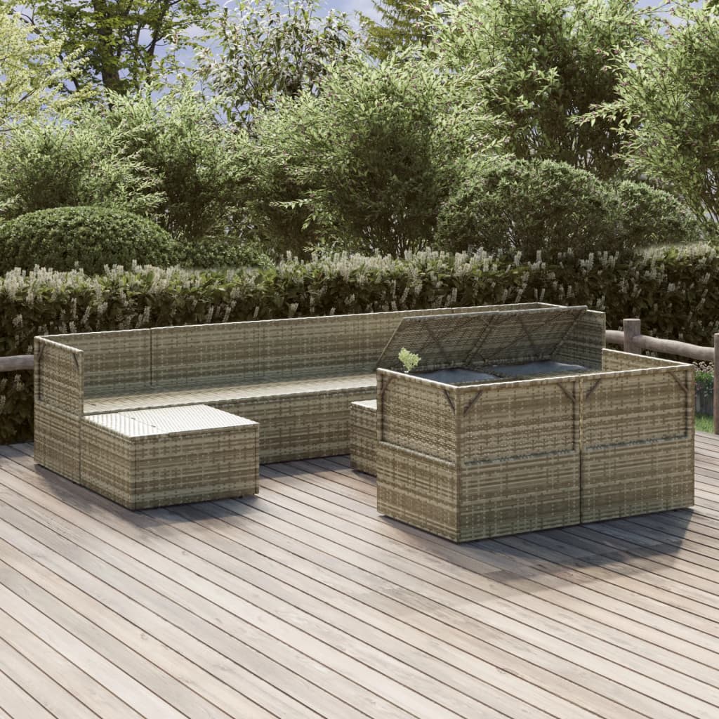 10 pièces. Salon de jardin avec coussins en polyrotin gris