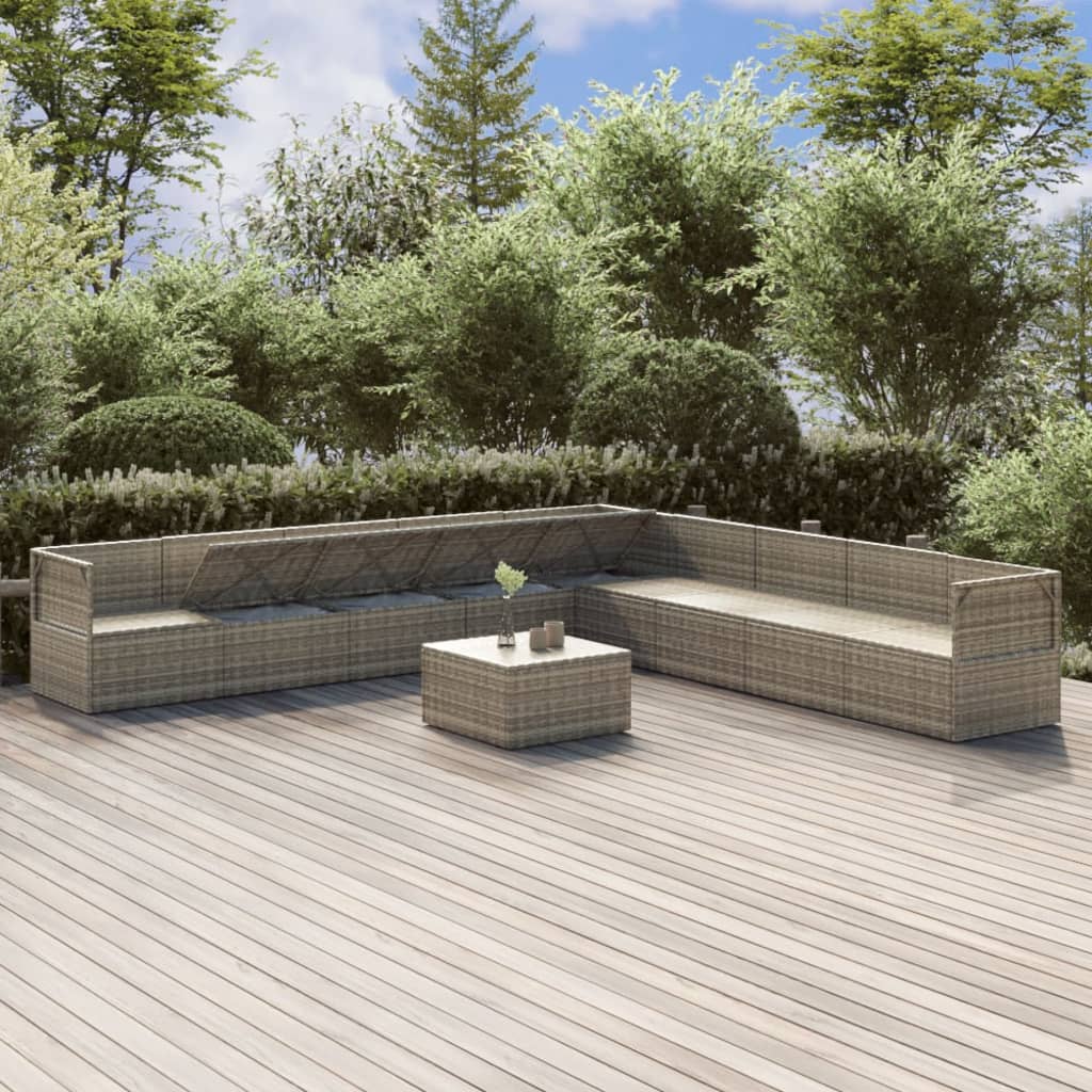 10 pièces. Salon de jardin avec coussins en polyrotin gris